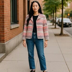 Tahari Pink Tribal‎ Design Knit Woven Jacket Fringed Edges Size 14 NWOT